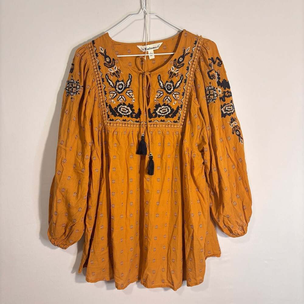 Tantrums Women Mustard Yellow Embroidered Boho Peasant Tunic Top Size L
